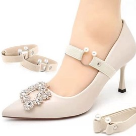 2 Pairs Womens Detachable Elastic Shoe Strap Belt Anti-Slip Shoe Ankle Straps Bands with Artificial Pearl Decoration for Holding Loose High Heels Pumps(Beige)