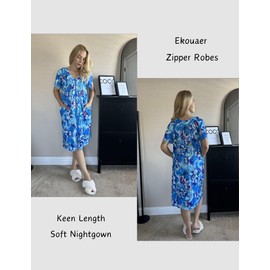 Ekouaer Womens Bathrobe Zipper Front Lightweight Ladies Robes with Zip Up Comfy Sleepwear with Pockets Summer Print Sleeping Robe Aqua Multi 3XL