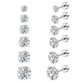 Candyfancy 6 Pairs 316L Surgical Stainless Steel Earrings Set,Size 3mm 4mm 5mm 6mm 7mm 8mm,AAA Cubic Zirconia Single Ears Stud, Simple, Transparent, Multiple Hole Earrings,Hypoallergenic