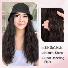 SEGO Bucket Hat Wig Long Natural Wavy Hair Extensions With Hat Heat Resistant Synthetic Fiber Extensions 18 Inch 04A Hat with Hair Attached for Women