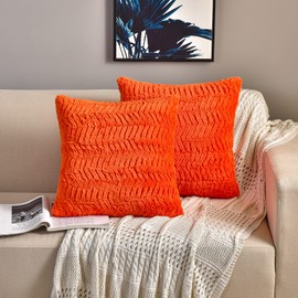 YUSOKI Luxury Faux Fur Throw Pillow Covers-18 x18,Set of 2-Decorative Fuzzy Fluffy Cozy Pillow Cases for Sofa Couch Bedroom Without Insert(Orange,18"x18")
