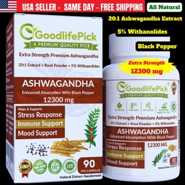Powerful Ashwagandha 12300mg & 5% Withanolides Black Pepper 90 cap Max Benefits