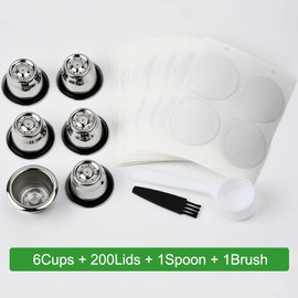 PHMEZLF Cápsulas reutilizables para Nespresso OriginalLine, 6 cápsulas de café de acero inoxidable recargables compatibles con máquinas Nespresso Original Line (6 tazas + 200 tapas)