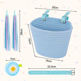 Adiwo Cotton Rope Woven Cycle Basket, Bicycle Basket, Bike Basket Set with Streamers and Bell, Scooter Basket, with Leather Straps Easy Install Detachable, Blue