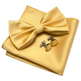 Gusleson Gold Bow Tie and Pocket Square Cufflink Set for Wedding Mens Solid Pre-tied Bow ties (UK0570-42)