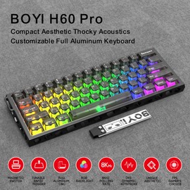 BOYI H60Pro Magnetic Switch Gaming Keyboard,60% Hollow Aluminum Hall Effect Rapid Trigger Hot-Swap 8K Polling Rate 0.01mm RT RGB Wired Mechanical Keyboard(Black Transparent PBT Keycaps)