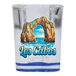 R and R Imports Los Cabos Mexico Design C Souvenir 2.5 Ounce Shot Glass Square Blue Base Single