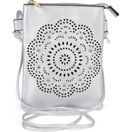 styleBREAKER 02012367 Women's Mini Bag Shoulder Bag with Flowers Laser Cut Cutout Pattern and Rhinestones Shoulder Bag Handbag, silver