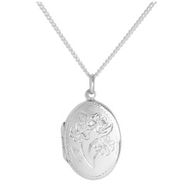 Sterling Silver Oval Flowers Locket on 20 Inches Chain