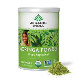 Organic India Moringa Herbal Supplement Powder - Green Superfood, Nutrient Dense, Pure Plant Protein, Vitamin A, E, K, Iron, Calcium, Fiber, Vegan, Gluten-Free, USDA Certified Organic - 8 oz Canister