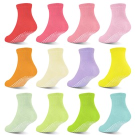 GRPSKCOS Toddler Kids Non Slip Socks- 12 Pairs Anti Slip Socks for Girls Boys 1-10 Years Old Everyday Wear, Assorted Colors Children Socks with Grip(#1 Multicolor- 12 Pairs,5-7 Years)