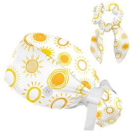 RODAILYCAY Gorro Quirúrgico Doodle Suns Amarillo Para Mujer Y Conjunto De Banda Para El Cabello, Gorro De Trabajo De Algodón Con Banda Para El Sudor, Gorro Abullonado Con Bolsa Para Cola De Caball