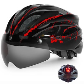 Bike Helmet,Adult Mountain Bike Helmet with Magnetic Goggles and Tail Light - Protective Cycling Helmet for Road and Mountain Biking, Adjustable Size 22-24in (Black+red)