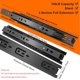 10 inch Drawer Slides 4 Pairs (8pcs) 3 fold Full Extension Side Mount Cabinet Drawer Glides 10" Black Cabinet Rails for Dresser, Cabinet, Kitchen,Trash Can, Wardrobe 100 LB Capacity