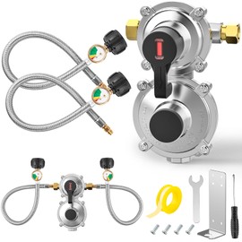 Devvicoo 2-Stage Auto Changeover LP Propane Regulator with Gauge, 18-inch Stainless Steel Braided QCC1 Hose, 3/8" NPT Female Outer, for RV Trailers Campers