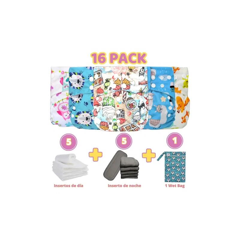 16 Pack Pañales Ecológicos Insertos Y Wetbag