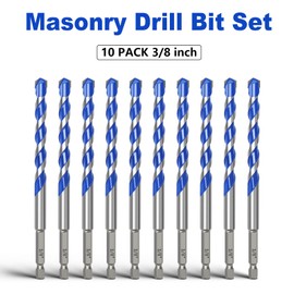 10 Pack 3/8 inch Concrete Drill Bit Set,Masonry Drill Bit Set with Hex Shank,Carbide Tip Drill Bits for Concrete,Brick, Plastic, Cement, Tile and Ceramic (3/8"（10 Pcs）)
