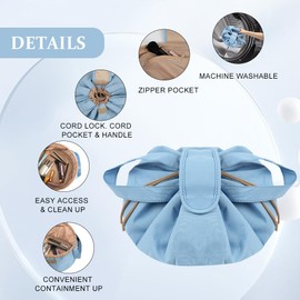 URAQT Drawstring Makeup Bag, Large-Capacity Travel Cosmetic Pouch, Portable Quick Pack Lazy Drawstring Make Up Bag for Daily Use, Magic Cosmetic Bag Drawstring with Small Pocket for Women (Blue)