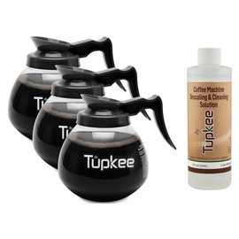 Glass Coffee Pots Decanter Carafe -Glass, 64 oz. 12-Cup, Set of 3 Black Handle + BONUS + Tupkee Coffee Machine Descaler & Cleaning Solution – For Drip Coffee Maker, Espresso and Keurig Coffee Machines