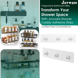 Jovware Shower Caddy Adhesive Replacement Stickers Sticker Shelf Basket Strips Suction Hooks Large Strong Hook for Bathroom Storage Corner Transparent Shelves Wall Mount 3 Hooks 11 13/16"