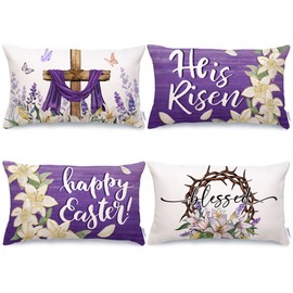 GEEORY Happy Easter He is Risen Throw Pillow Covers 12x20 Inch Set of 4, Cross Flower Wreath Blessed Spring Decorative Farmhouse Holiday Cushion Case for Home Decoration (Purple) G680-12