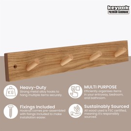 Keypak Wooden Coat Hooks –Pine Wall-Mounted Coat Rack – 46 cm Modern Wooden Hook Rail with 4 Heavy-Duty Hooks for Coats, Jackets & Hats – Includes Fixings for Easy Installation