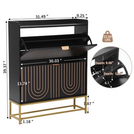 LEVNARY Narrow Shoe Storage Cabinet with 2 Flip Drawers, Wooden Freestanding Hidden Shoes Rack Organizer for Entryway, Mid-Century Modern Shoe Cabinet with Carving Lines for Hallway Foyer (1, Black)