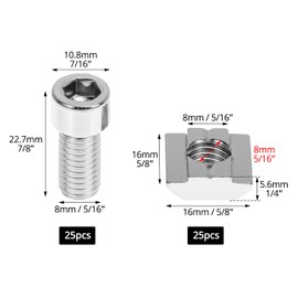 QWORK® Pack of 25 M8 T-Slot Nuts & 25 Screws Set, T-Nut Rail, 30 Series, High-Strength Carbon Steel, Nickel-Plated, Ideal for Aluminium Profiles