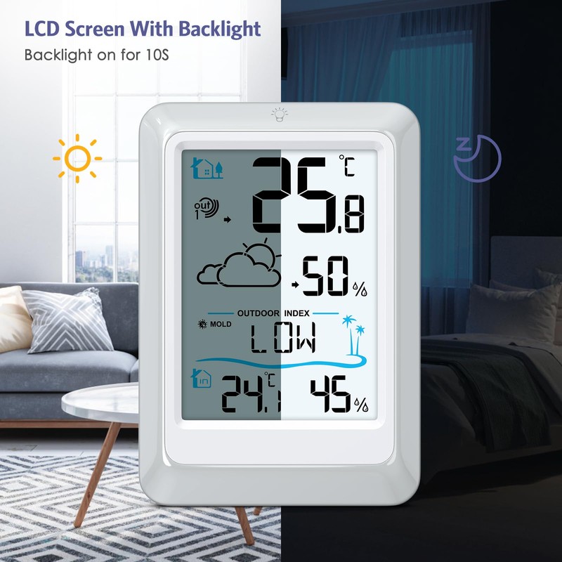 OQIMAX Indoor Outdoor Thermometer Digital Weather Station Temperature Hygrometer Indoor