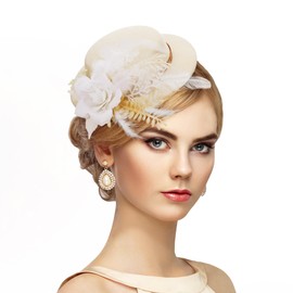 Zinniday Fascinator High Tea Hat - Women's White Mini Clip On 20s 50s Kentucky Derby Cocktail Pillbox Cups Dress Hat with Flower and Feather Decoration