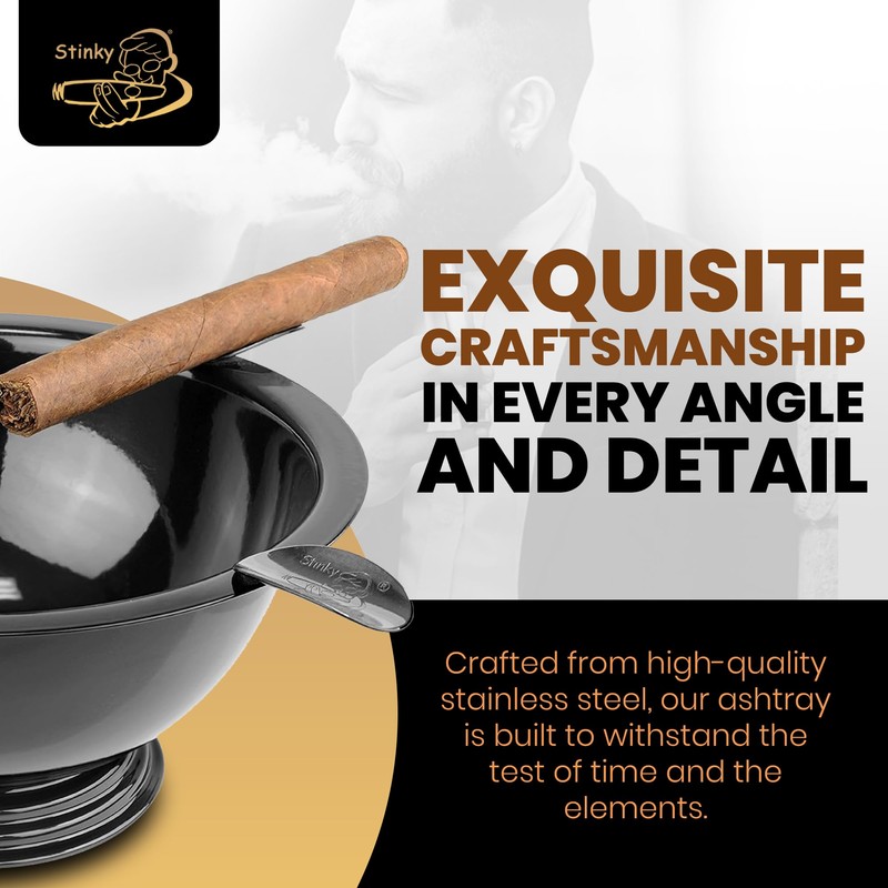 Stinky Cigar Black Nickel Ashtray - Windproof Stainless Steel Design