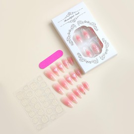 24 Pcs Almond Press on Nails Medium Thick Fake Nails with Solid Color Glossy Full Cover False Nails with Bow Love Heart Designs Cute Nails Press ons Rhinestone Glue on Nails for Women (Pink Kit)