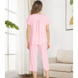 NACHILA Women's Pajamas-Viscose Made from Bamboo, Short Sleeve Pjs Soft Capri Pant Pajama Set Cool Sleepwear for Ladies Pink L