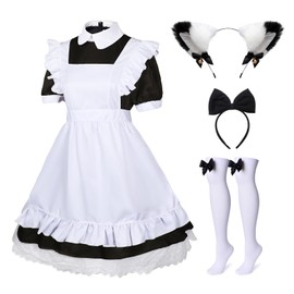 KDVOG - Juego de 5 piezas de delantal de criada francesa de anime Lolita, disfraz de Halloween para cosplay con lazo para el pelo (negro, M)