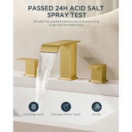 FORIOUS Bathroom Faucets, Brushed Gold Bathroom Faucet 3 Hole, Waterfall Gold Bathroom Faucet with Pop-up Drain and Supply Lines, 8 Inch Widespread 2 Handle Faucet for Bathroom Sink Vanity RV