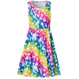 RAISEVERN Dresses for Girls Music Note Rainbow Striped Sleeveless Casual Sundress Big Kids Summer Swing Twirly Dress 12 Years Old