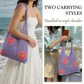 Ausing Crochet Tote Bag Beach Bag Shoulder Bag Women's Hollow Design Lightweight Travel, purple