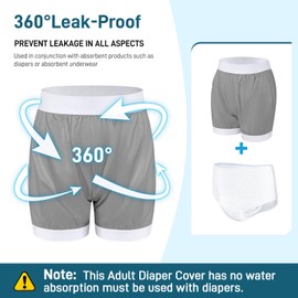 Carer Adult Diaper Cover Unisex Washable Incontinence Boxer Briefs Enclosed Elastic Leakproof Incontinence Underwear for Men Women Incontinence Supplies(Gray，4X-Large)