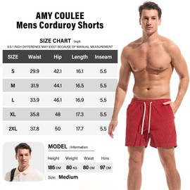 AMY COULEE Mens Corduroy Shorts 5.5" Elastic Waist Casual Shorts Summer Beach Shorts with Pockets (Red, L)