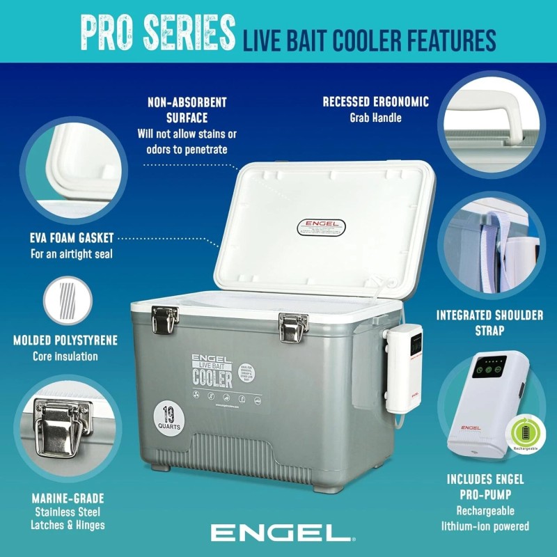 Engel 19QT Pro Live Bait Cooler with Rechargeable Aerator Silver