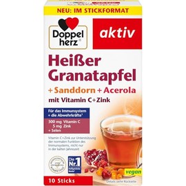 Doppelherz Hot Pomegranate + Sea Buckthorn + Acerola - With Vitamin C and Zinc to Support the Normal Function of the Immune System - Enjoy Hot & Cold - 10 Sticks