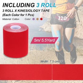 PATIKIL 5.5 Yard x 3 Inch Kinesiology Tape, 3 Roll Adhesive Cotton Sports Muscle Support Tapes Waterproof Elastic Tape for Knee Ankle Wrist Shoulder, Purple/Red/Brown