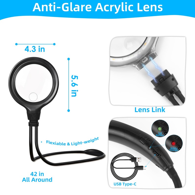 Hands Free Magnifying Glass with Light for Reading and Sewing