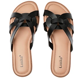 Luoika Sandalias planas de ancho ancho para mujer. Cómoda cama de corcho, plataforma plana de cuña baja para playa o piscina. Sandalias ligeras y deportivas para mujer., Negro 902., 10 X-Wide