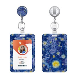 ID Badge Holder,Retractable Badge Reel with Vertical ID Holder Protector Badge Clip for Student Worker Nurse Teacher (Starry Painting)