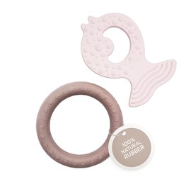 HEVEA Kawan Teething Ring and Fish Teether for Babies - 100% Natural Rubber Soothing Teether Toys, BPA-Free & Vegan, Easy-Grip for Soothing Gums, 2-Pack (Powder Pink & Tan Beige)