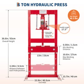 GarveeTech Hydraulic Press, 6 Ton Heavy Duty H-Frame Garage Floor Shop Press with Plates & Adjustable Table Height for Bending, Straightening, Installing Bearings & U-Joints, Red