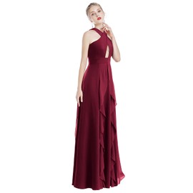 Women's Halter Neck Criss Cross Dress Hollow Cut Out Ruffle Hem Sleeveless Bridesmaid Evening Party Maxi Dress Empire Waist Keyhole Backless Flowy Chiffon Long Wedding Formal Prom Dress Burgundy L