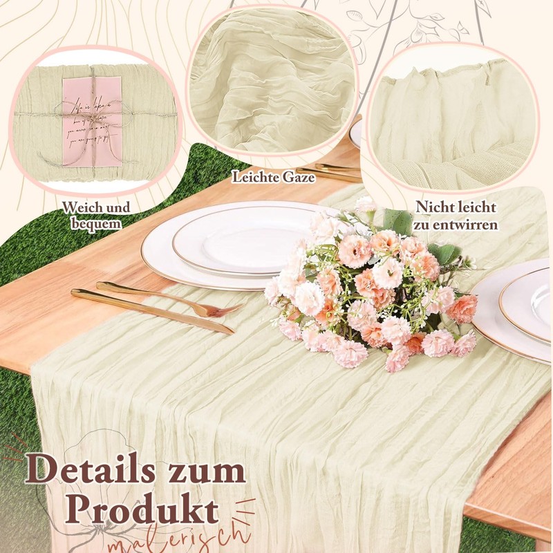 CUEMOON Stylish Bohemian Gauze Natural Beige Table Runner, Thin Table