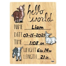 Cohas Hello World Newborn Baby Announcement Printed Wood Sign with Goat Theme, 5 by 7 Inches, Black Marker